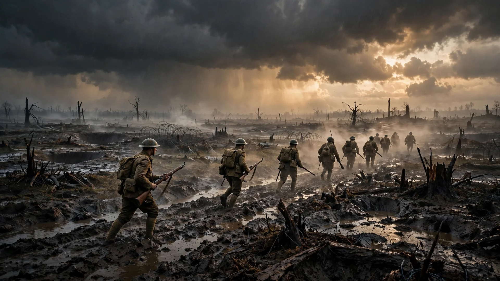 Battle of Passchendaele summary: soldiers crossing a mud-filled battlefield in 1917