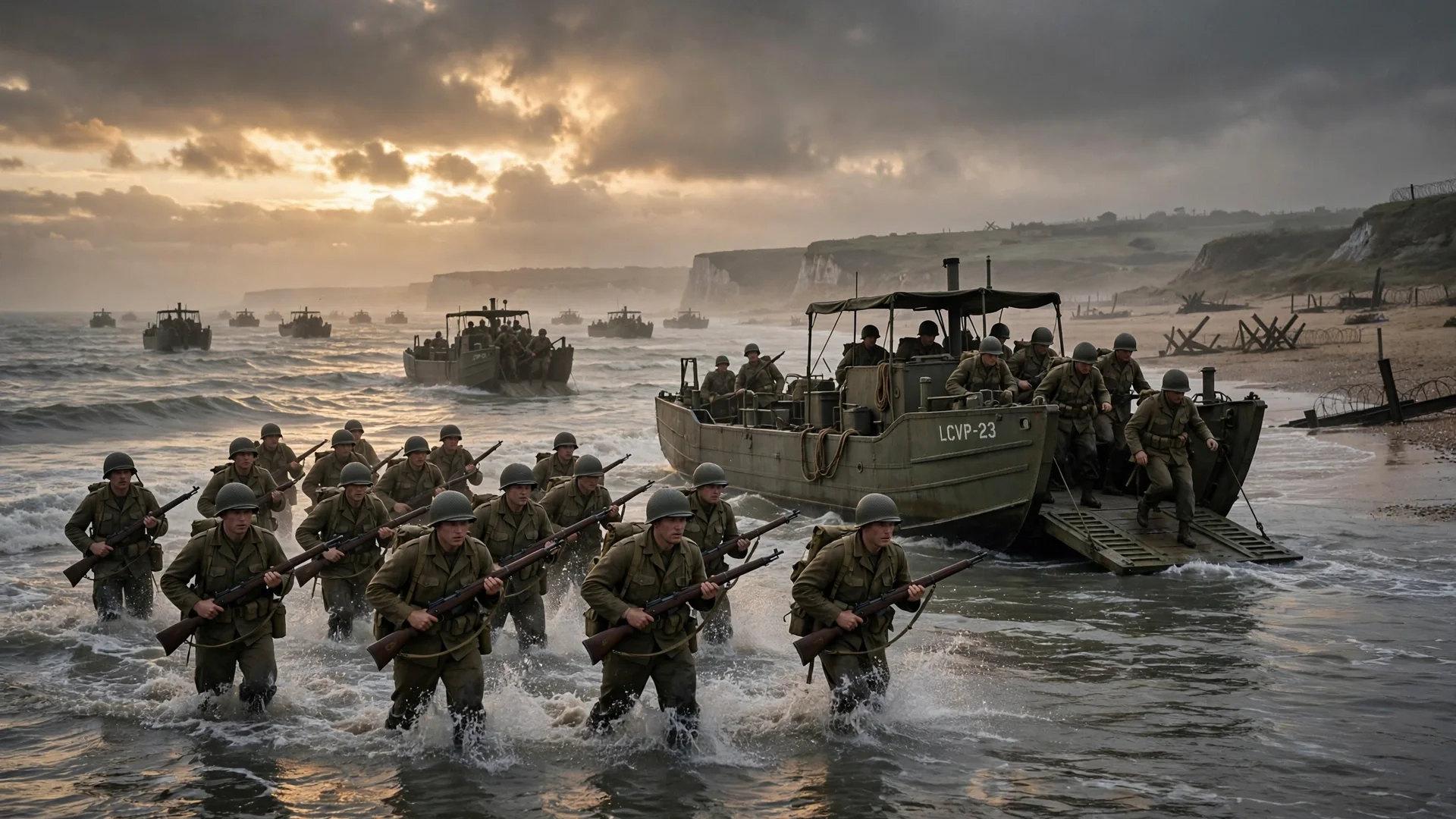 D-Day Normandy landings summary: American troops wading ashore at Omaha Beach, June 6, 1944