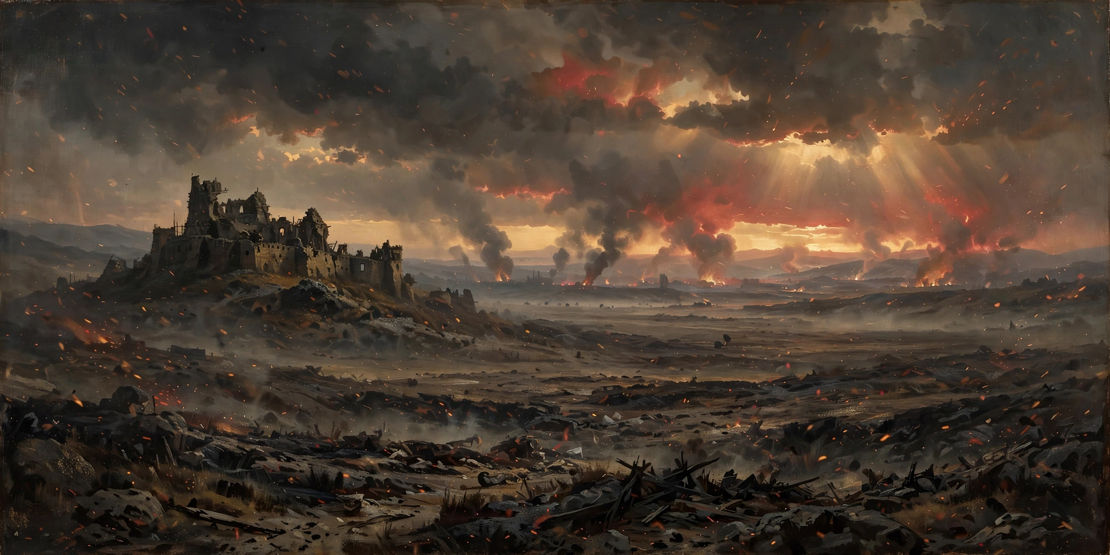 Greatest Battles of WW2: smoke columns rising over a ruined battlefield valley at dawn