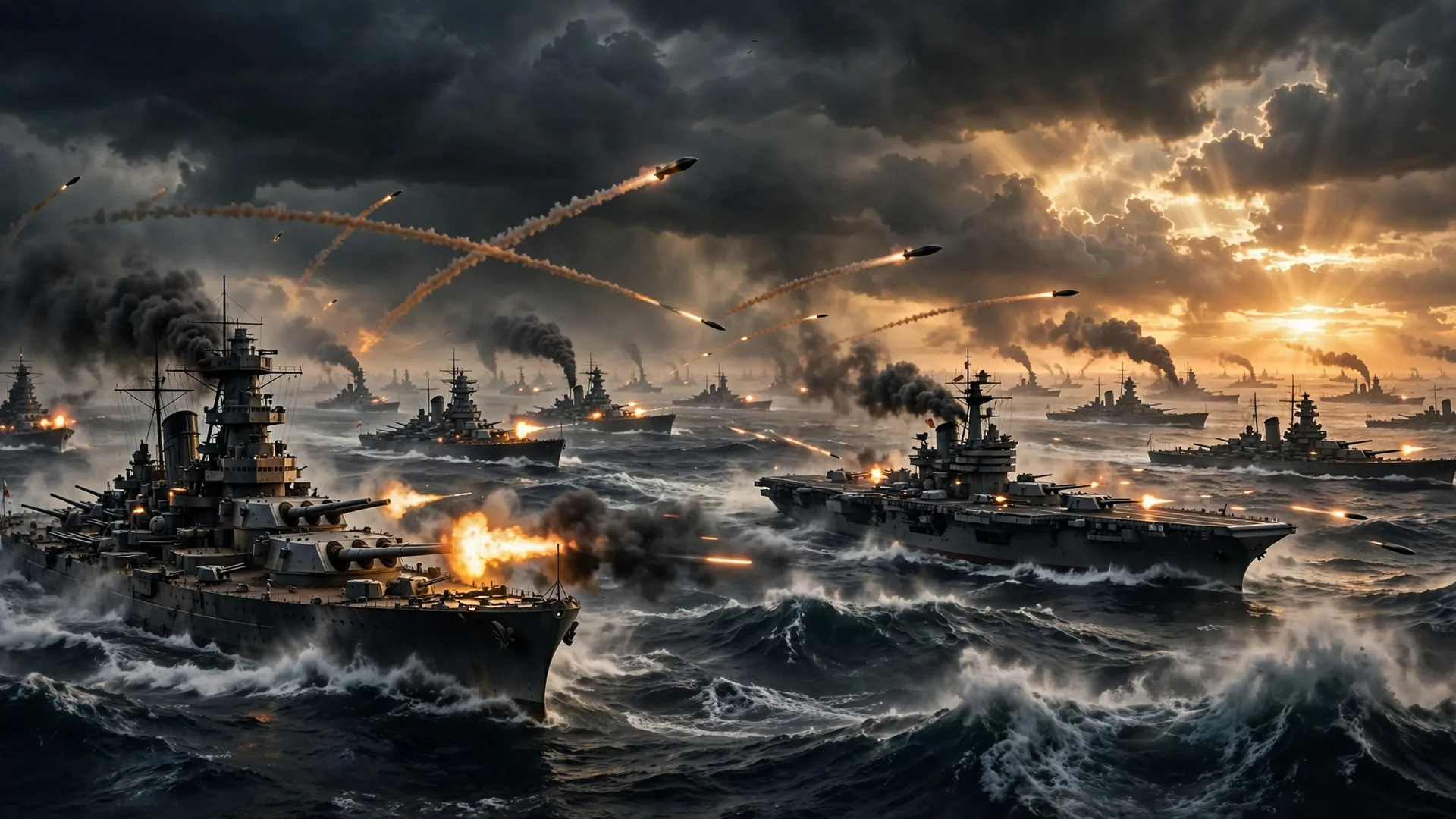 Largest Naval Battle in History: Leyte Gulf 1944 — a massive naval fleet at sea, battleships firing at dawn