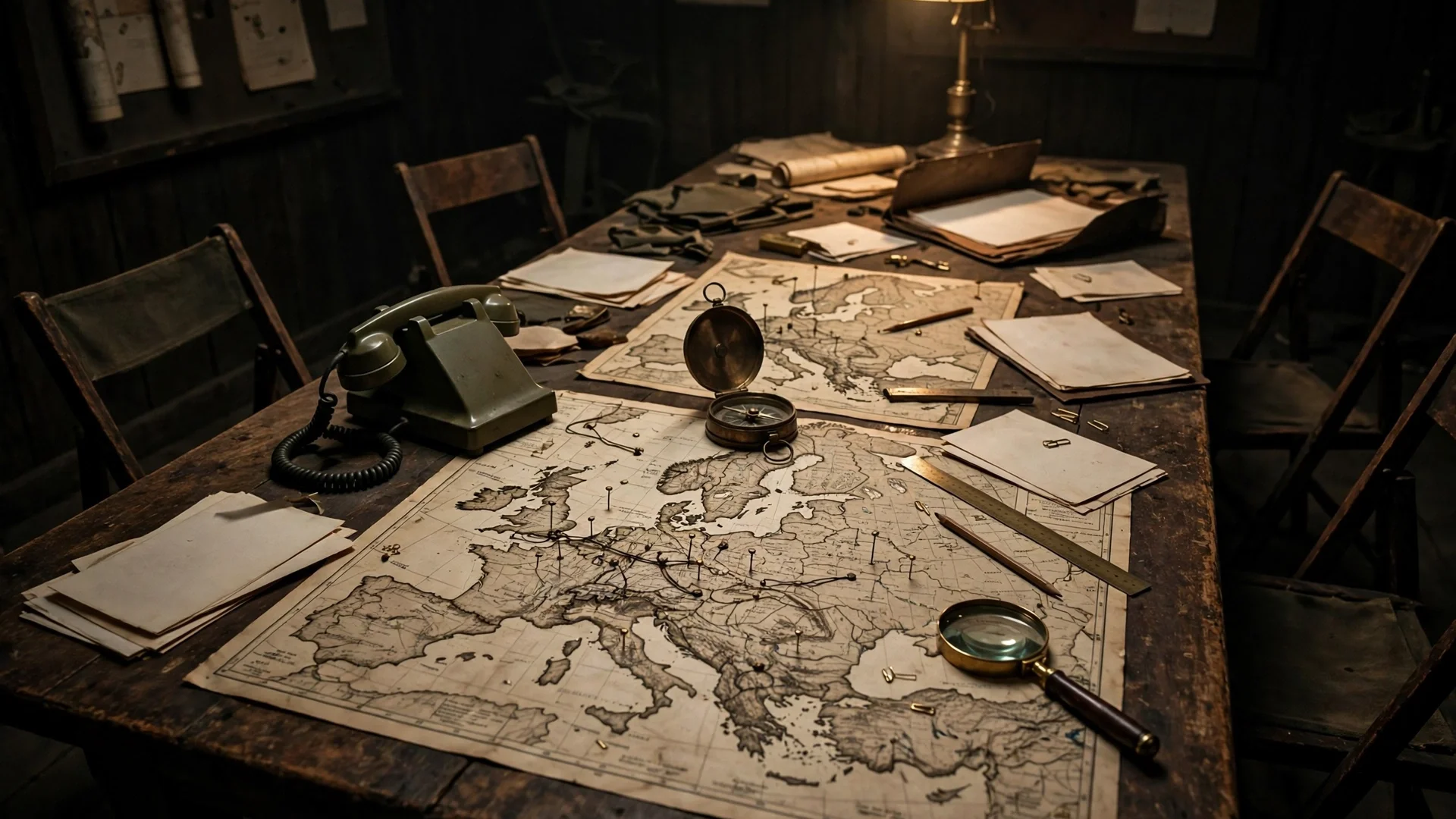 WW2 war room: military maps of Europe spread on a wooden table under lamplight